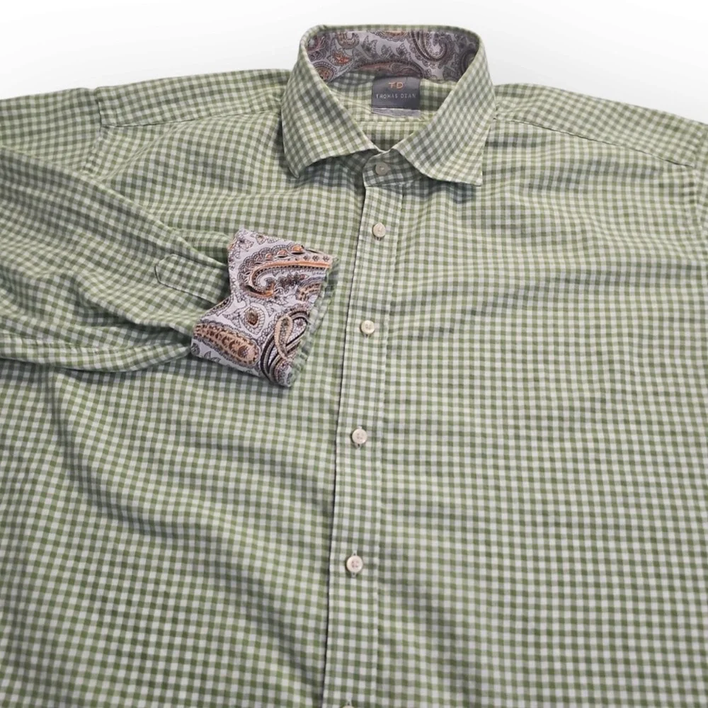 Thomas Dean Green, White Shepherd Check Paisley‎ Flip Cuff Button Up Shirt XXL